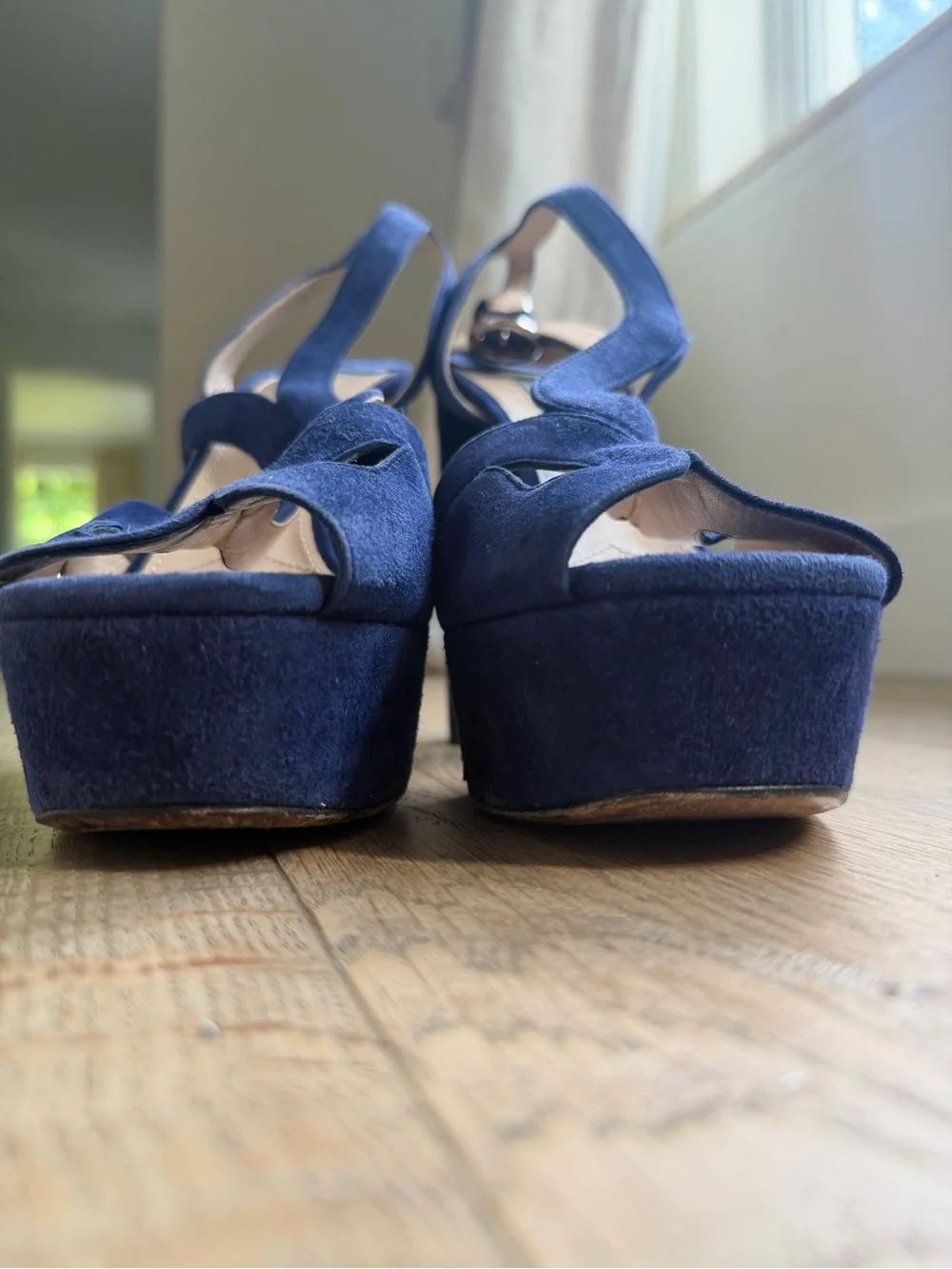 PRADA Platform Suede Block Heel Sandals - Navy